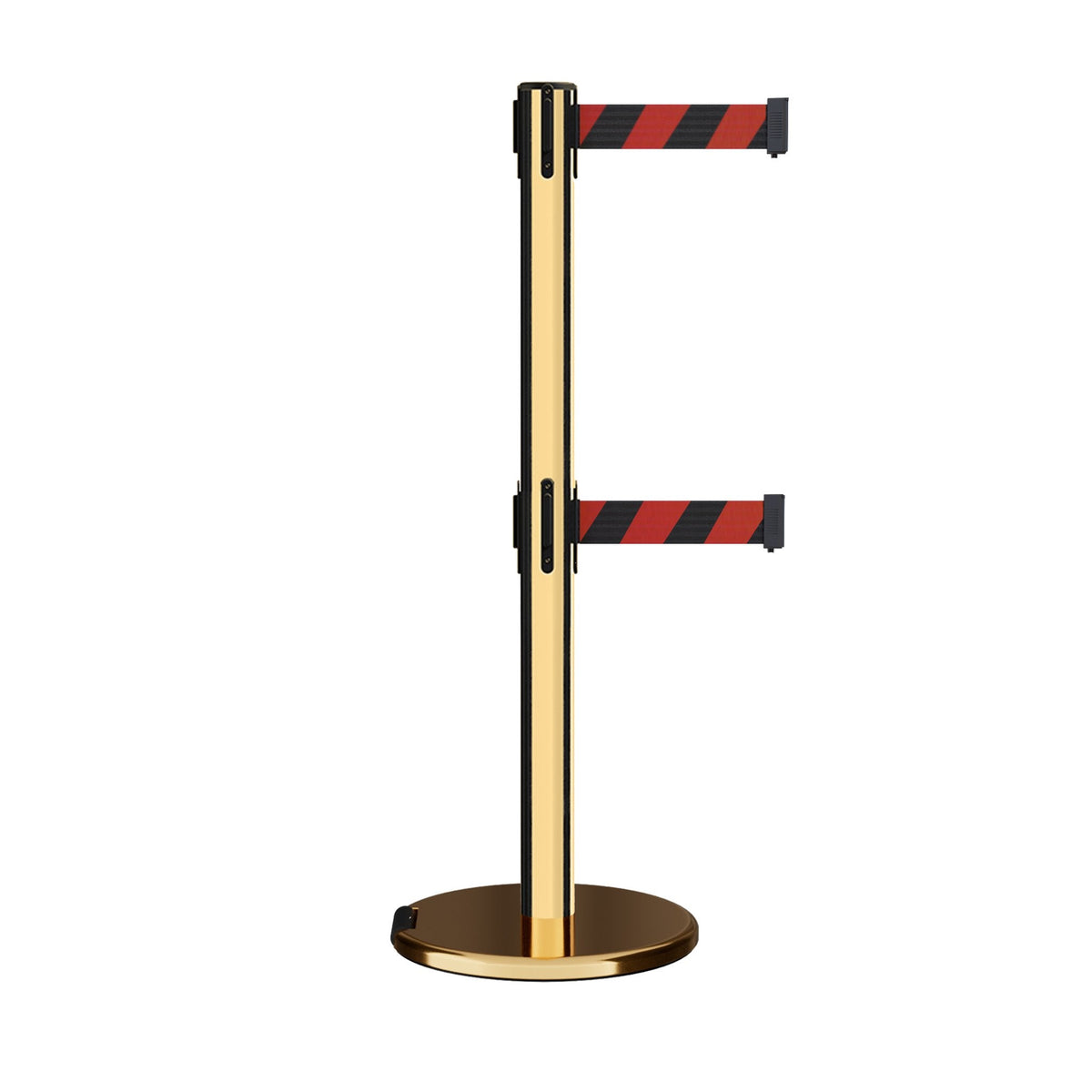 Retractable Dual Belt Barrier Stanchion, Rolling Base, Polished Brass Post, 9 ft Belt - Montour Line ME630D - Crowd Control Warehouse