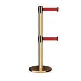 Retractable Dual Belt Barrier Stanchion, Rolling Base, Polished Brass Post, 9 ft Belt - Montour Line ME630D - Crowd Control Warehouse