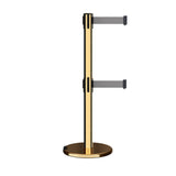 Retractable Dual Belt Barrier Stanchion, Rolling Base, Polished Brass Post, 9 ft Belt - Montour Line ME630D - Crowd Control Warehouse