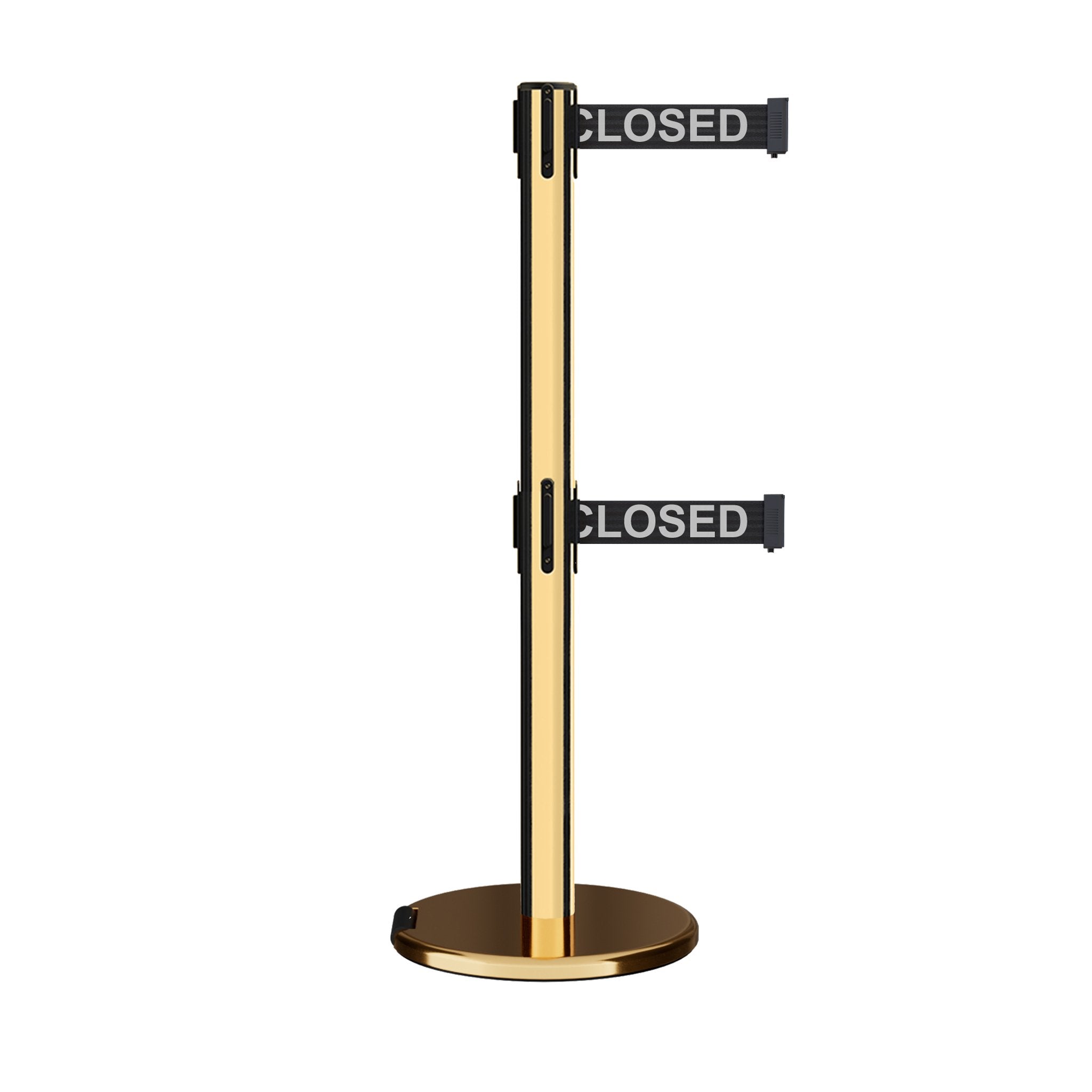 Retractable Dual Belt Barrier Stanchion, Rolling Base, Polished Brass Post, 9 ft Belt - Montour Line ME630D - Crowd Control Warehouse