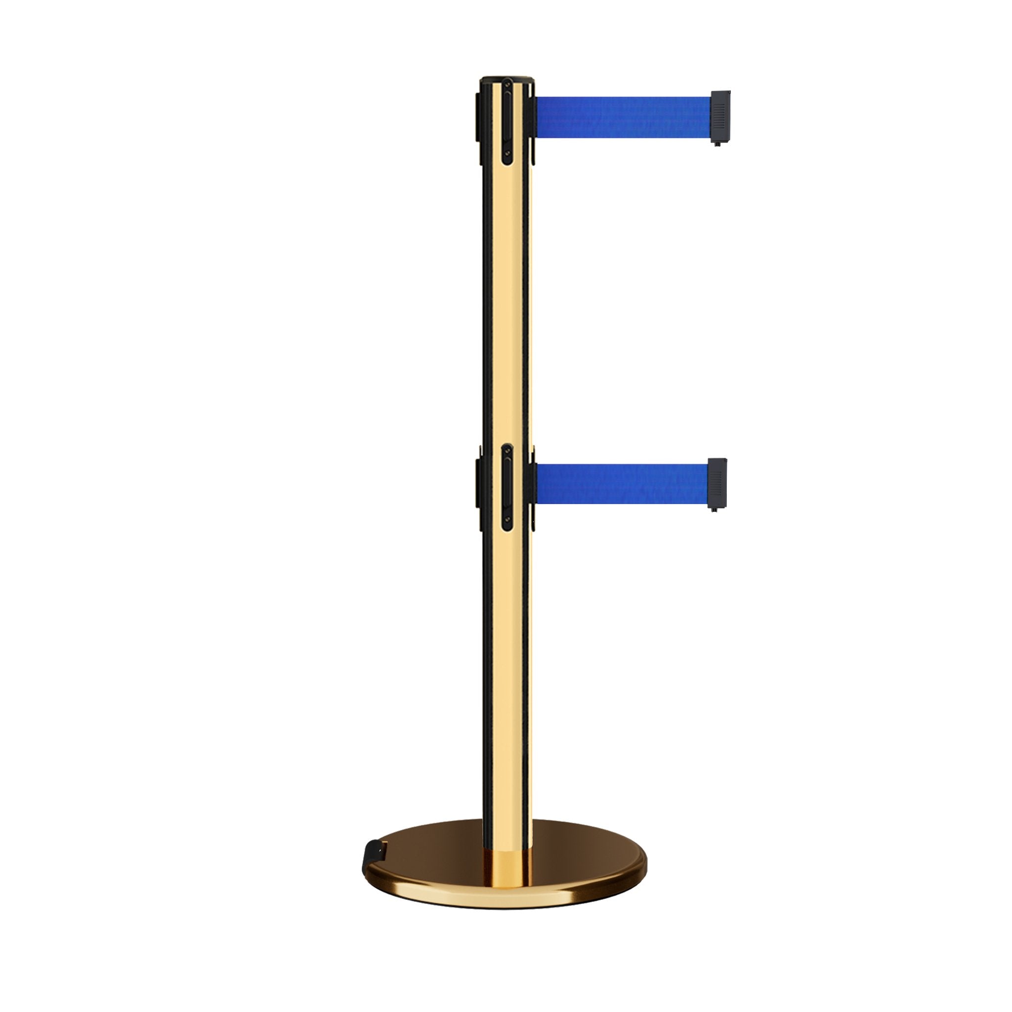 Retractable Dual Belt Barrier Stanchion, Rolling Base, Polished Brass Post, 9 ft Belt - Montour Line ME630D - Crowd Control Warehouse