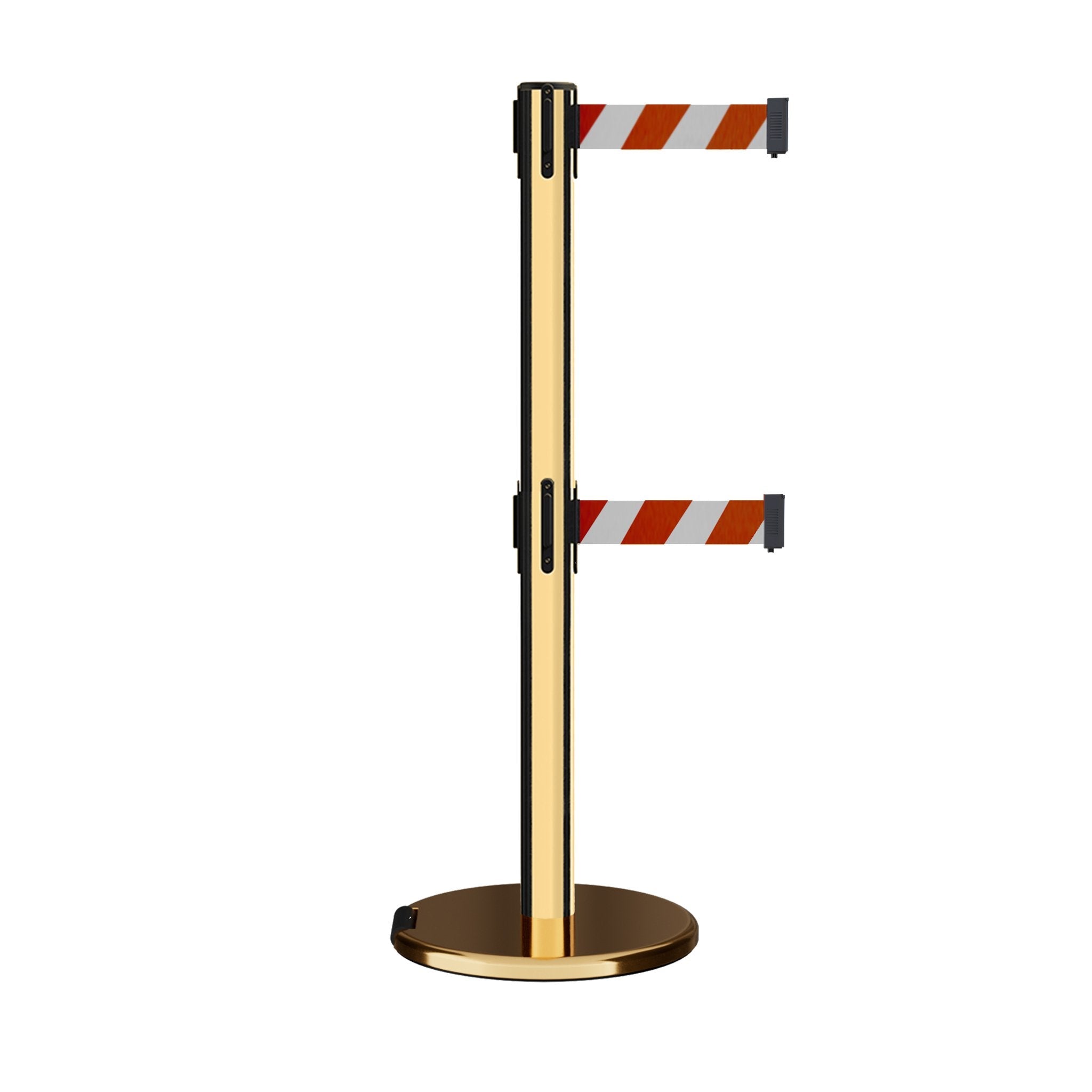 Retractable Dual Belt Barrier Stanchion, Rolling Base, Polished Brass Post, 9 ft Belt - Montour Line ME630D - Crowd Control Warehouse