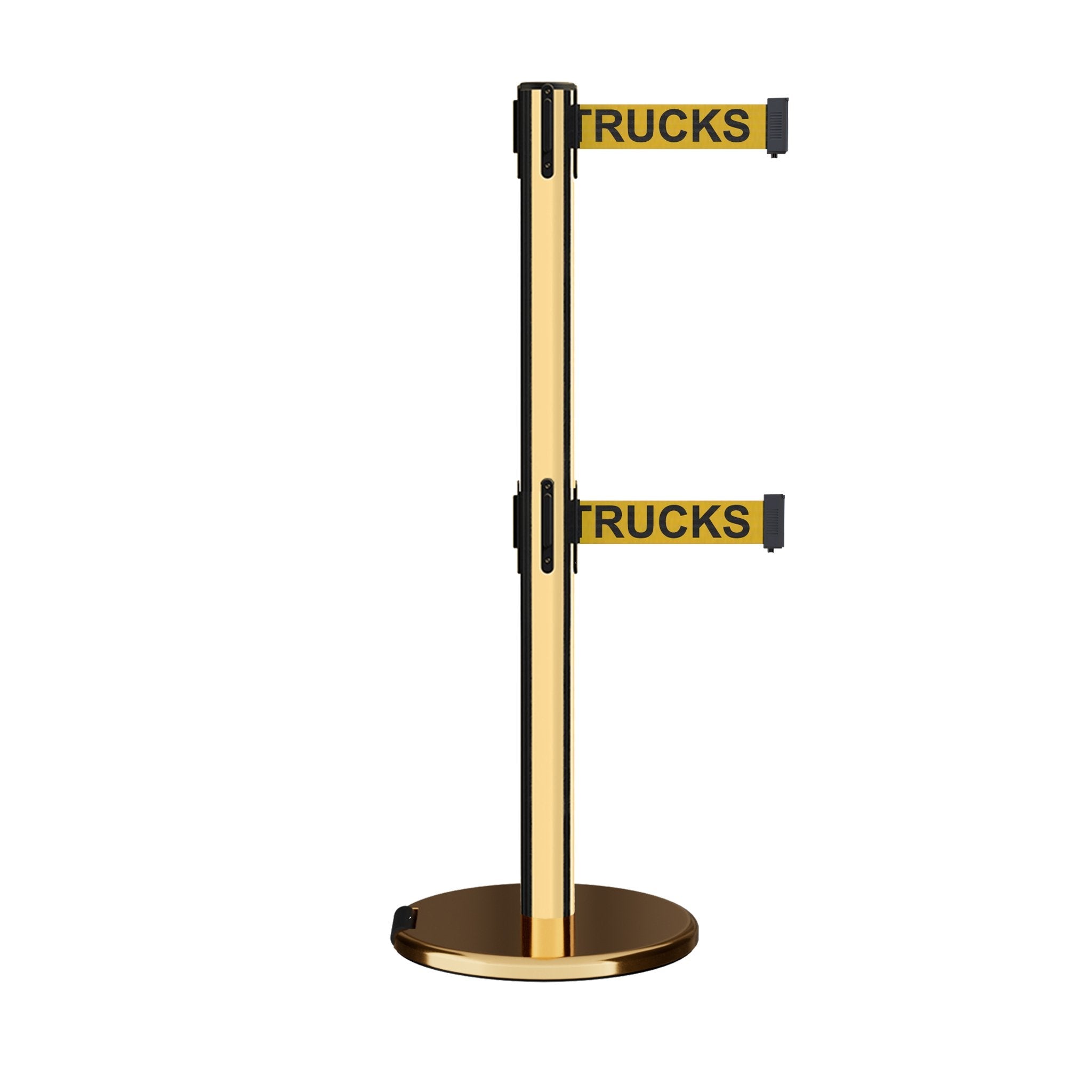 Retractable Dual Belt Barrier Stanchion, Rolling Base, Polished Brass Post, 9 ft Belt - Montour Line ME630D - Crowd Control Warehouse