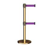 Retractable Dual Belt Barrier Stanchion, Rolling Base, Polished Brass Post, 9 ft Belt - Montour Line ME630D - Crowd Control Warehouse