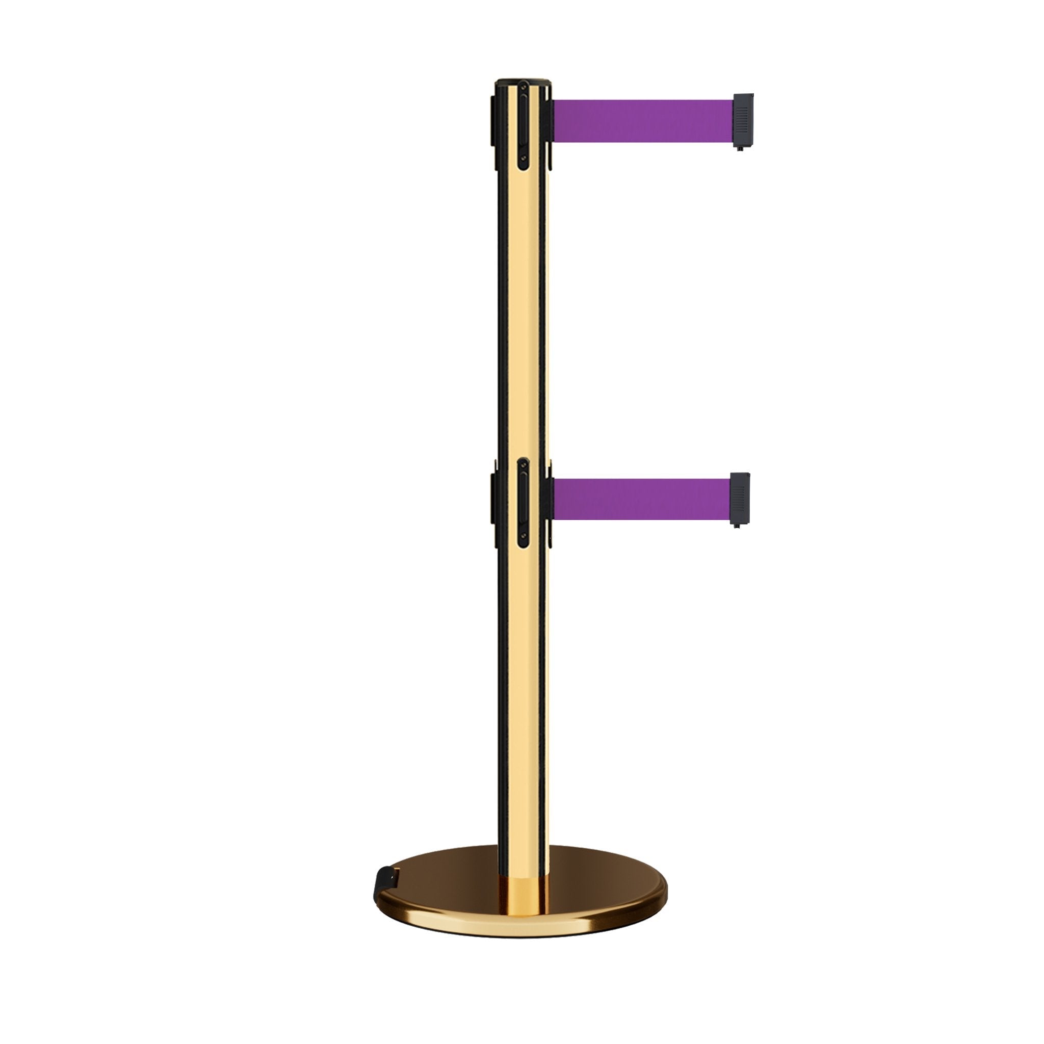 Retractable Dual Belt Barrier Stanchion, Rolling Base, Polished Brass Post, 9 ft Belt - Montour Line ME630D - Crowd Control Warehouse