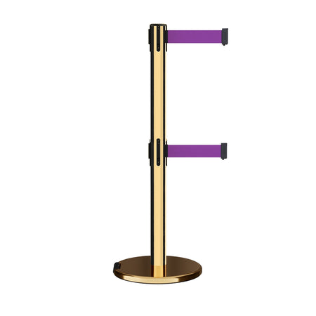 Retractable Dual Belt Barrier Stanchion, Rolling Base, Polished Brass Post, 9 ft Belt - Montour Line ME630D - Crowd Control Warehouse
