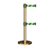 Retractable Dual Belt Barrier Stanchion, Rolling Base, Polished Brass Post, 9 ft Belt - Montour Line ME630D - Crowd Control Warehouse