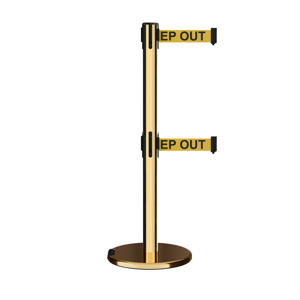 Retractable Dual Belt Barrier Stanchion, Rolling Base, Polished Brass Post, 9 ft Belt - Montour Line ME630D - Crowd Control Warehouse
