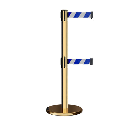 Retractable Dual Belt Barrier Stanchion, Rolling Base, Polished Brass Post, 9 ft Belt - Montour Line ME630D - Crowd Control Warehouse