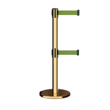 Retractable Dual Belt Barrier Stanchion, Rolling Base, Polished Brass Post, 9 ft Belt - Montour Line ME630D - Crowd Control Warehouse