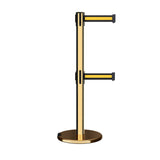 Retractable Dual Belt Barrier Stanchion, Rolling Base, Polished Brass Post, 9 ft Belt - Montour Line ME630D - Crowd Control Warehouse