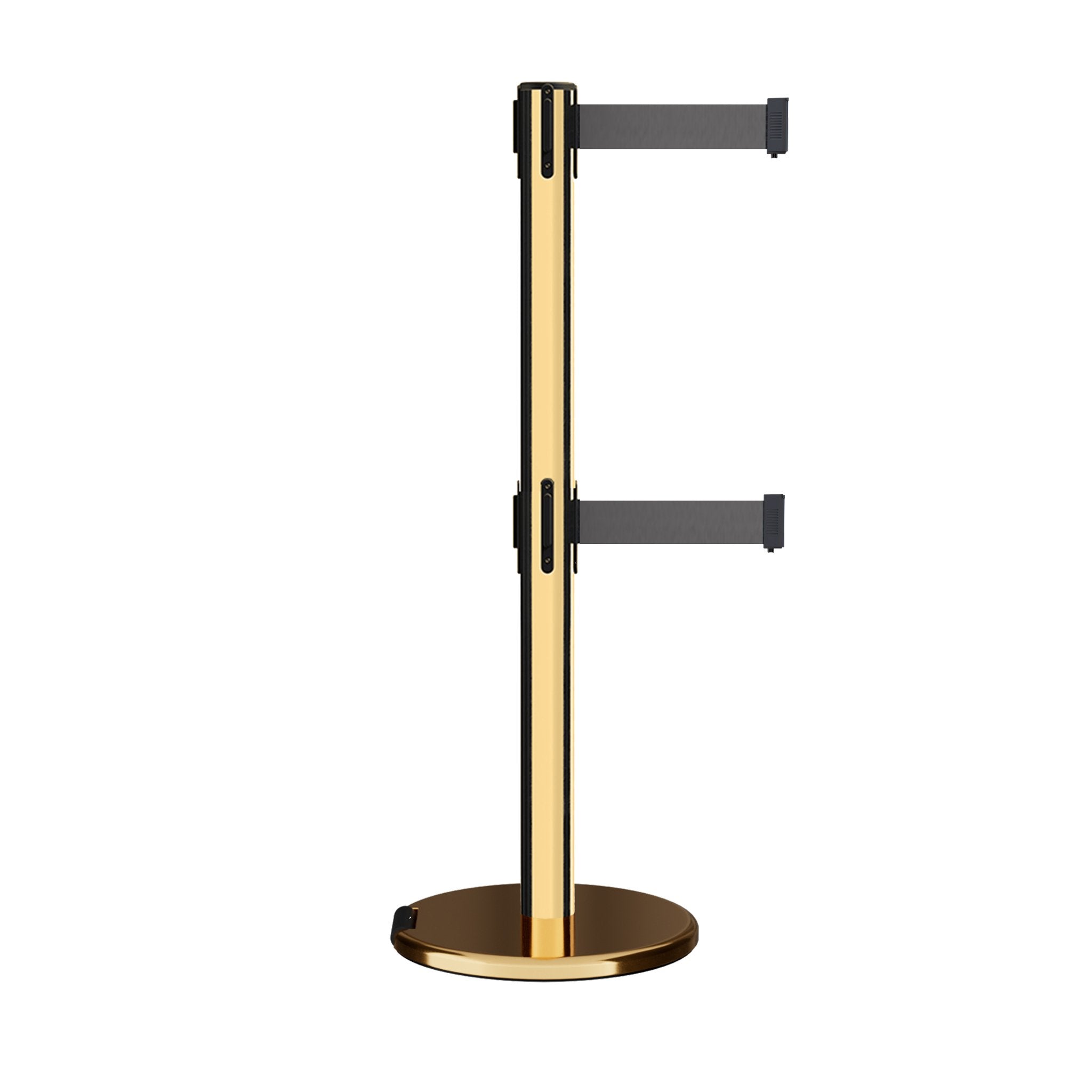 Retractable Dual Belt Barrier Stanchion, Rolling Base, Polished Brass Post, 9 ft Belt - Montour Line ME630D - Crowd Control Warehouse