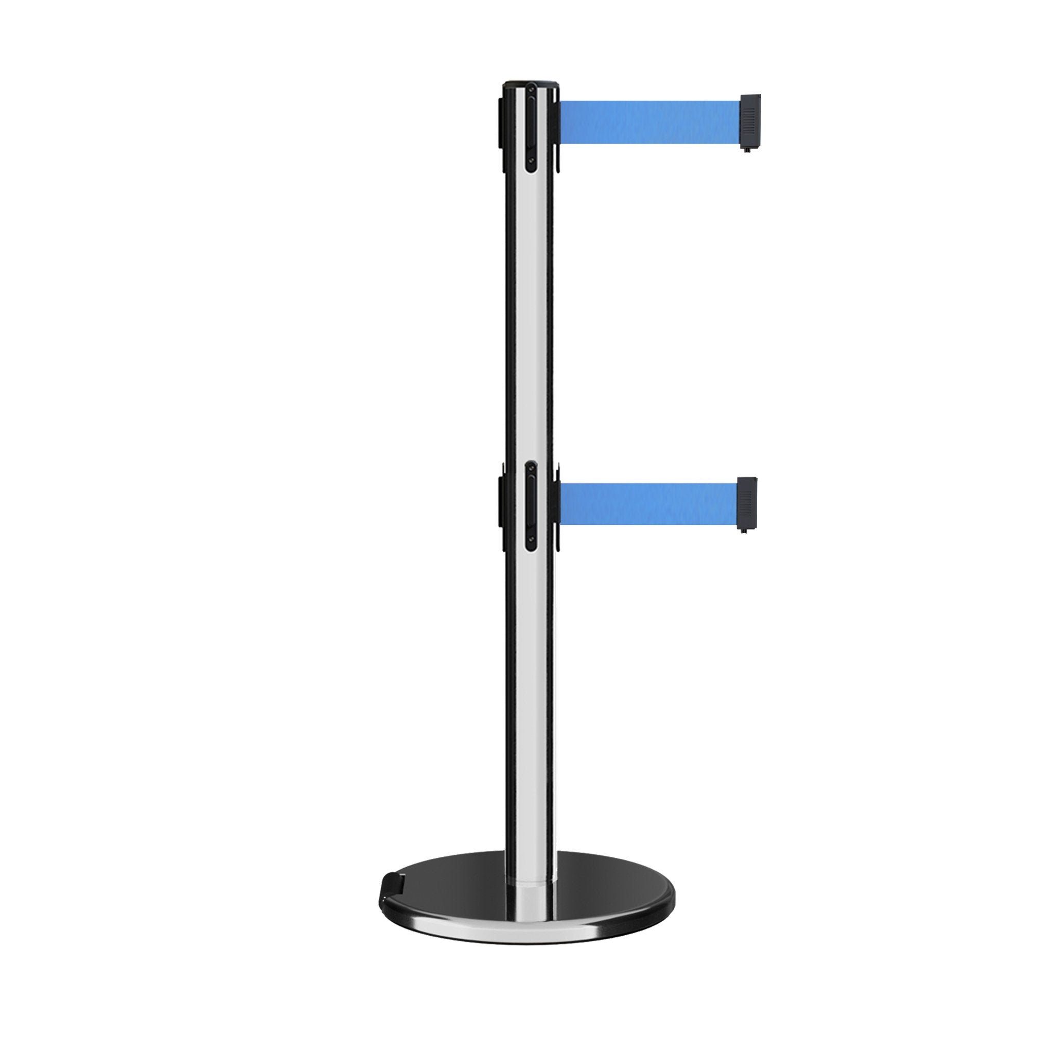Retractable Dual Belt Barrier Stanchion, Rolling Base, Polished Stainless Steel Post, 11 ft Belt - Montour Line ME630D - Crowd Control Warehouse