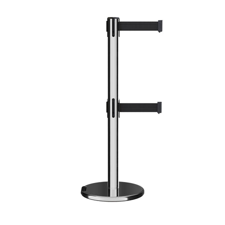 Retractable Dual Belt Barrier Stanchion, Rolling Base, Polished Stainless Steel Post, 11 ft Belt - Montour Line ME630D - Crowd Control Warehouse