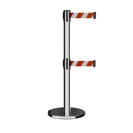 Retractable Dual Belt Barrier Stanchion, Rolling Base, Polished Stainless Steel Post, 11 ft Belt - Montour Line ME630D - Crowd Control Warehouse