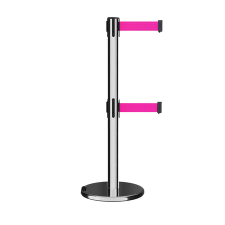 Retractable Dual Belt Barrier Stanchion, Rolling Base, Polished Stainless Steel Post, 11 ft Belt - Montour Line ME630D - Crowd Control Warehouse