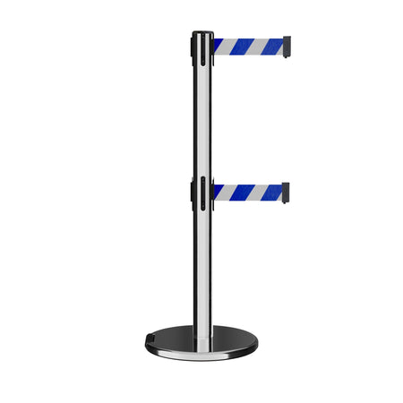Retractable Dual Belt Barrier Stanchion, Rolling Base, Polished Stainless Steel Post, 11 ft Belt - Montour Line ME630D - Crowd Control Warehouse