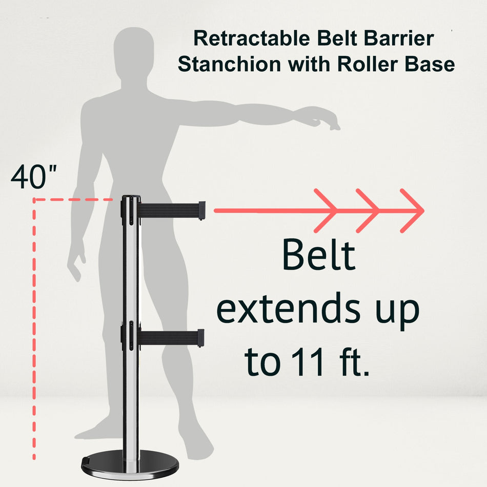 Retractable Dual Belt Barrier Stanchion, Rolling Base, Polished Stainless Steel Post, 11 ft Belt - Montour Line ME630D - Crowd Control Warehouse
