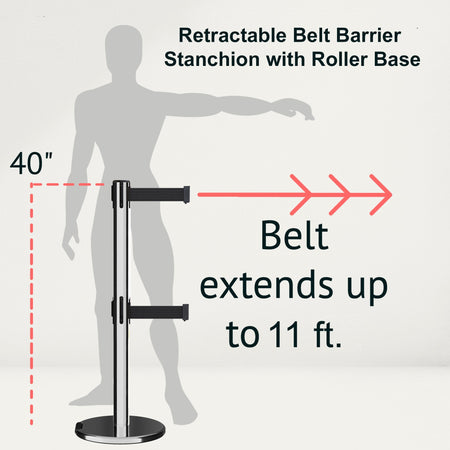Retractable Dual Belt Barrier Stanchion, Rolling Base, Polished Stainless Steel Post, 11 ft Belt - Montour Line ME630D - Crowd Control Warehouse
