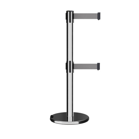 Retractable Dual Belt Barrier Stanchion, Rolling Base, Polished Stainless Steel Post, 11 ft Belt - Montour Line ME630D - Crowd Control Warehouse