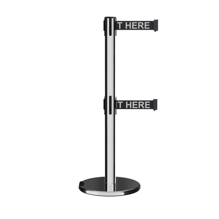Retractable Dual Belt Barrier Stanchion, Rolling Base, Polished Stainless Steel Post, 11 ft Belt - Montour Line ME630D - Crowd Control Warehouse