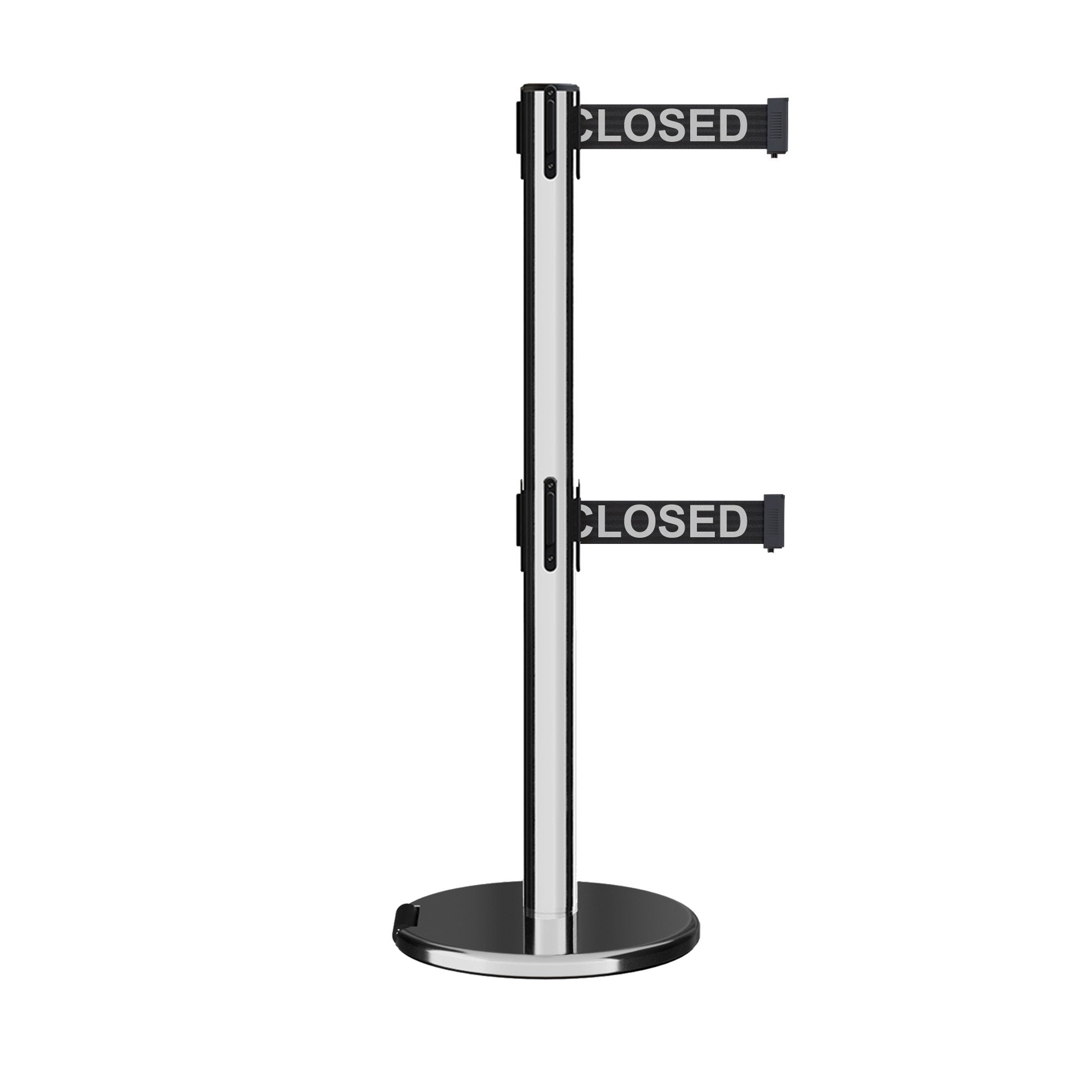 Retractable Dual Belt Barrier Stanchion, Rolling Base, Polished Stainless Steel Post, 11 ft Belt - Montour Line ME630D - Crowd Control Warehouse