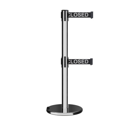 Retractable Dual Belt Barrier Stanchion, Rolling Base, Polished Stainless Steel Post, 11 ft Belt - Montour Line ME630D - Crowd Control Warehouse