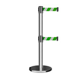 Retractable Dual Belt Barrier Stanchion, Rolling Base, Polished Stainless Steel Post, 11 ft Belt - Montour Line ME630D - Crowd Control Warehouse