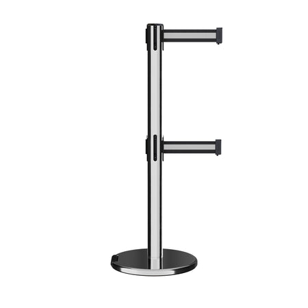 Retractable Dual Belt Barrier Stanchion, Rolling Base, Polished Stainless Steel Post, 11 ft Belt - Montour Line ME630D - Crowd Control Warehouse