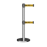 Retractable Dual Belt Barrier Stanchion, Rolling Base, Polished Stainless Steel Post, 11 ft Belt - Montour Line ME630D - Crowd Control Warehouse