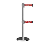 Retractable Dual Belt Barrier Stanchion, Rolling Base, Polished Stainless Steel Post, 11 ft Belt - Montour Line ME630D - Crowd Control Warehouse