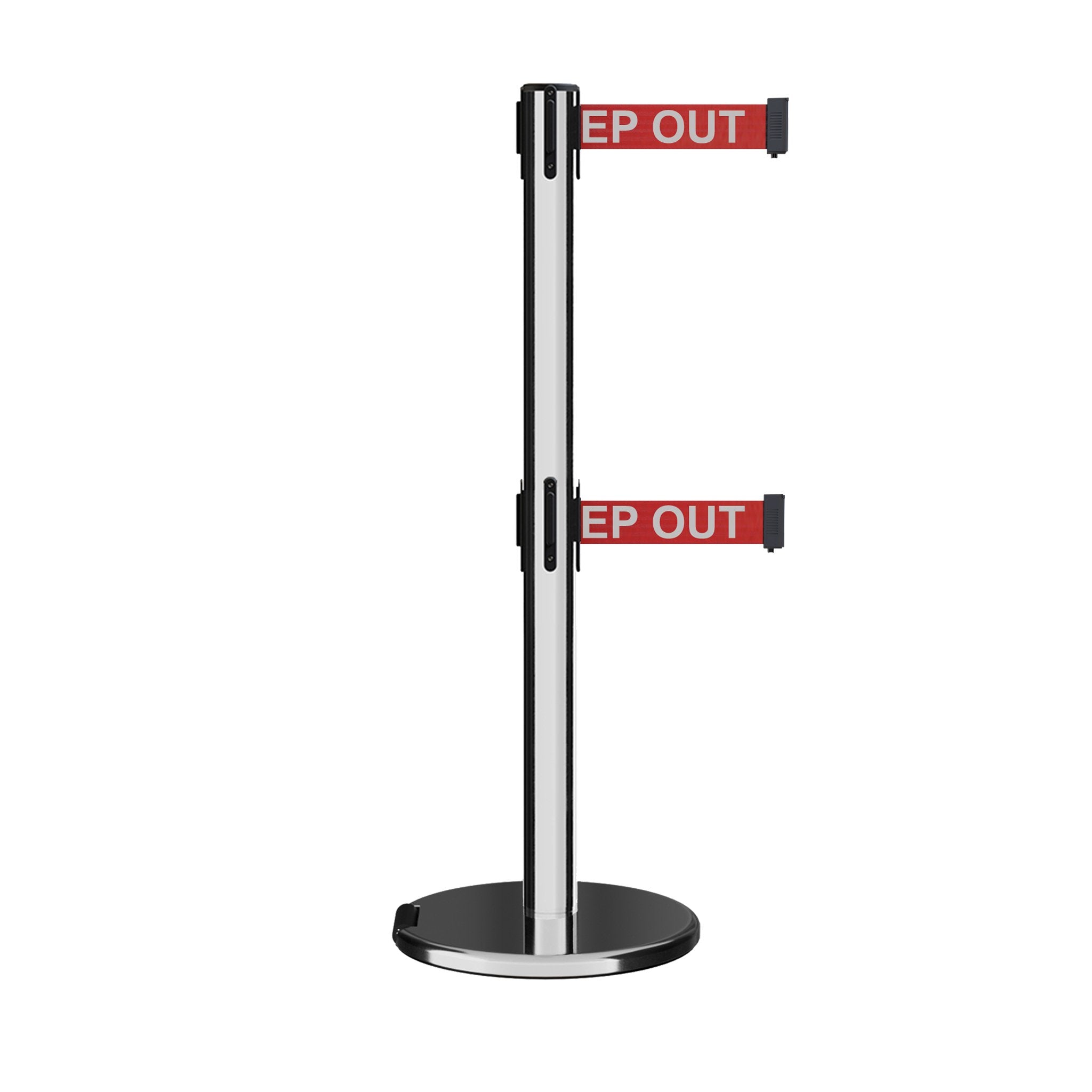 Retractable Dual Belt Barrier Stanchion, Rolling Base, Polished Stainless Steel Post, 11 ft Belt - Montour Line ME630D - Crowd Control Warehouse