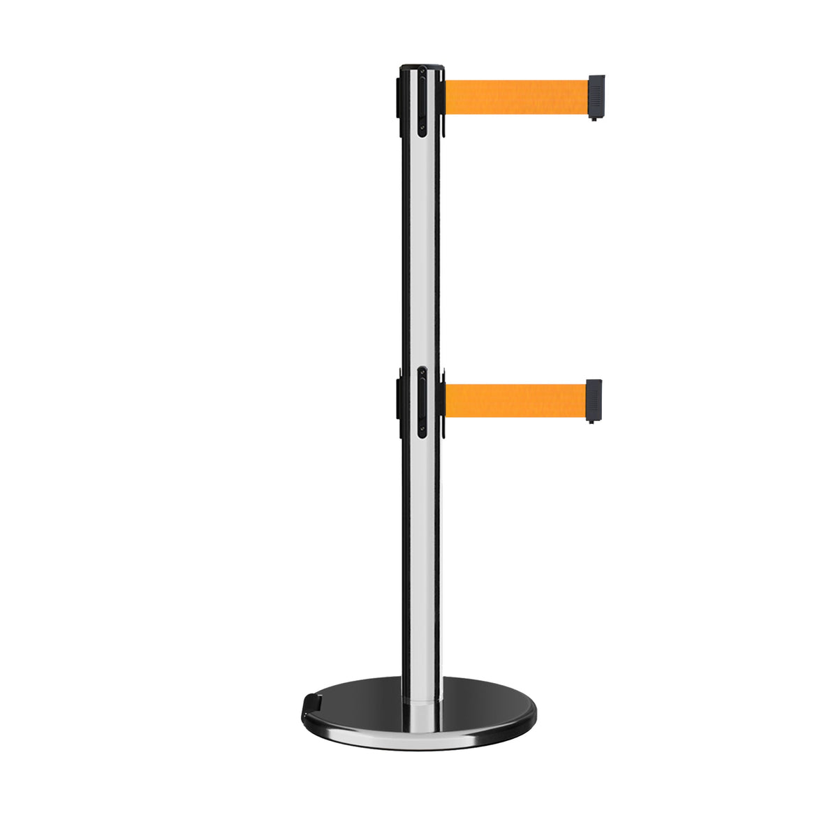 Retractable Dual Belt Barrier Stanchion, Rolling Base, Polished Stainless Steel Post, 13 ft Belt - Montour Line ME630D - Crowd Control Warehouse