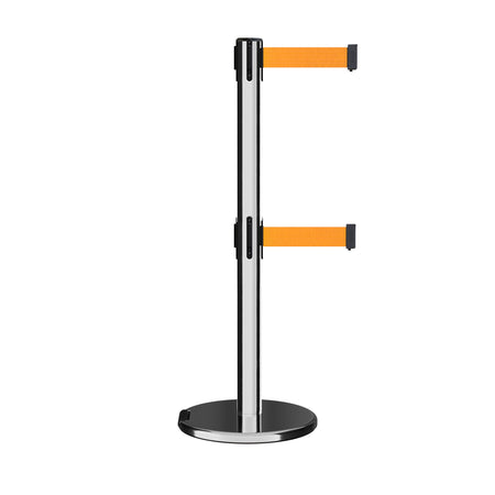Retractable Dual Belt Barrier Stanchion, Rolling Base, Polished Stainless Steel Post, 13 ft Belt - Montour Line ME630D - Crowd Control Warehouse