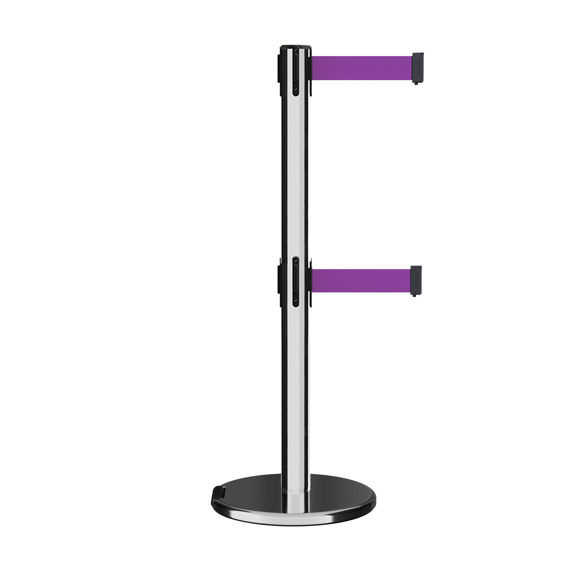 Retractable Dual Belt Barrier Stanchion, Rolling Base, Polished Stainless Steel Post, 13 ft Belt - Montour Line ME630D - Crowd Control Warehouse