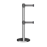 Retractable Dual Belt Barrier Stanchion, Rolling Base, Polished Stainless Steel Post, 13 ft Belt - Montour Line ME630D - Crowd Control Warehouse
