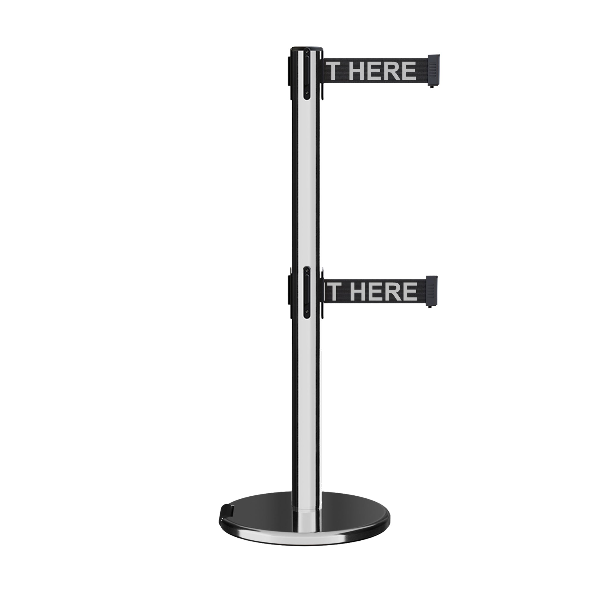 Retractable Dual Belt Barrier Stanchion, Rolling Base, Polished Stainless Steel Post, 13 ft Belt - Montour Line ME630D - Crowd Control Warehouse