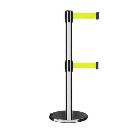Retractable Dual Belt Barrier Stanchion, Rolling Base, Polished Stainless Steel Post, 13 ft Belt - Montour Line ME630D - Crowd Control Warehouse