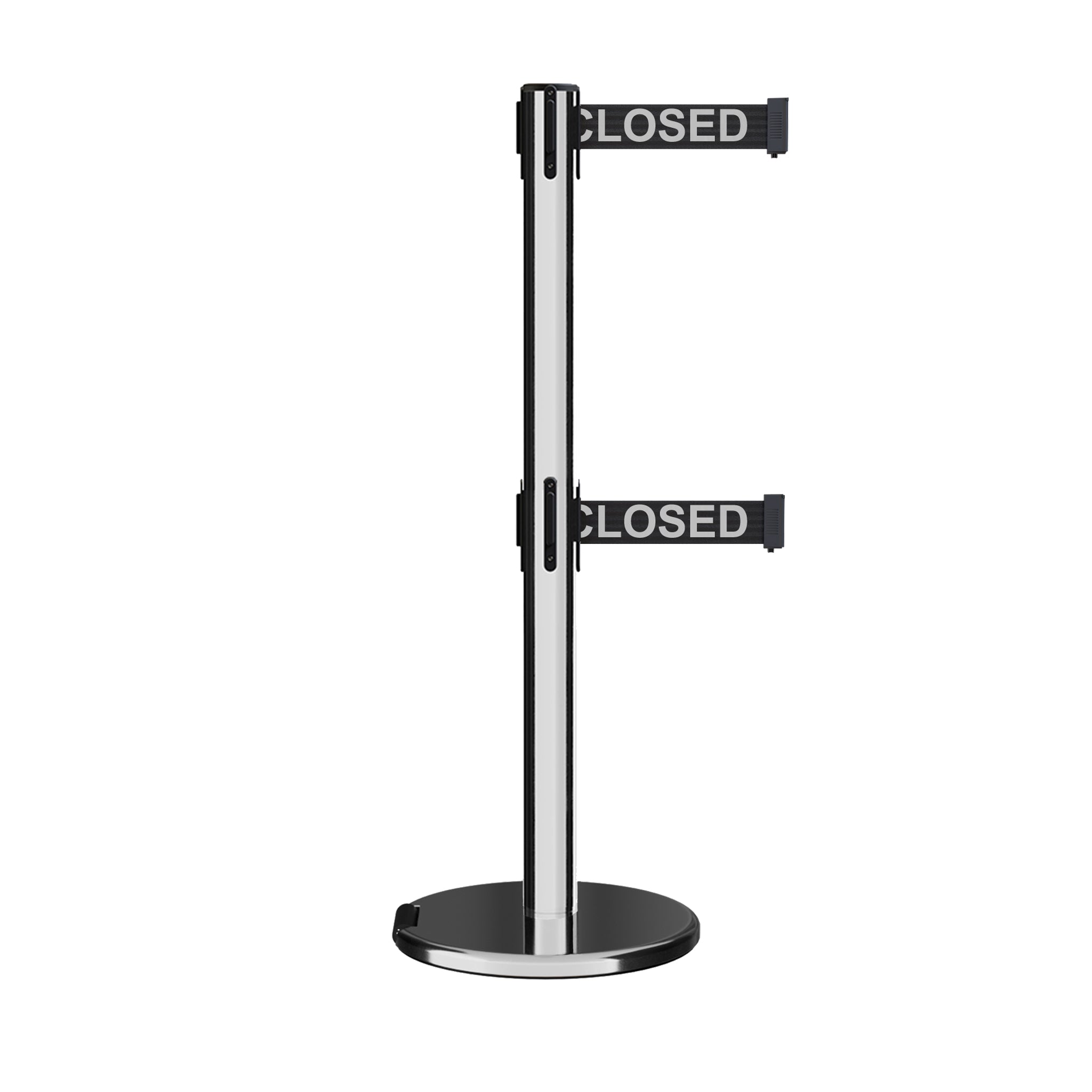Retractable Dual Belt Barrier Stanchion, Rolling Base, Polished Stainless Steel Post, 13 ft Belt - Montour Line ME630D - Crowd Control Warehouse