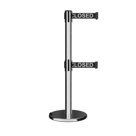 Retractable Dual Belt Barrier Stanchion, Rolling Base, Polished Stainless Steel Post, 13 ft Belt - Montour Line ME630D - Crowd Control Warehouse