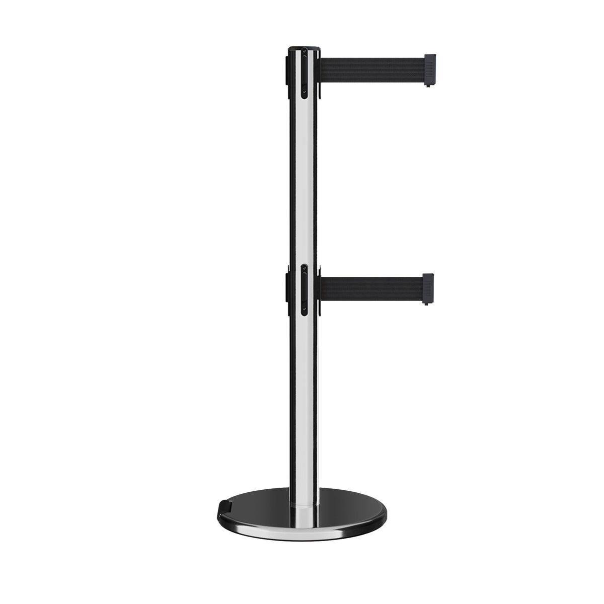 Retractable Dual Belt Barrier Stanchion, Rolling Base, Polished Stainless Steel Post, 13 ft Belt - Montour Line ME630D - Crowd Control Warehouse