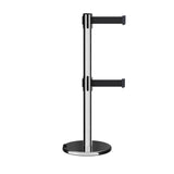 Retractable Dual Belt Barrier Stanchion, Rolling Base, Polished Stainless Steel Post, 13 ft Belt - Montour Line ME630D - Crowd Control Warehouse