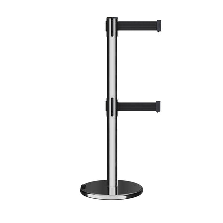 Retractable Dual Belt Barrier Stanchion, Rolling Base, Polished Stainless Steel Post, 13 ft Belt - Montour Line ME630D - Crowd Control Warehouse