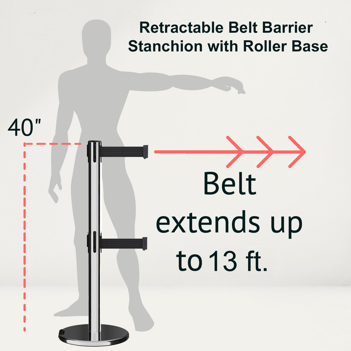 Retractable Dual Belt Barrier Stanchion, Rolling Base, Polished Stainless Steel Post, 13 ft Belt - Montour Line ME630D - Crowd Control Warehouse