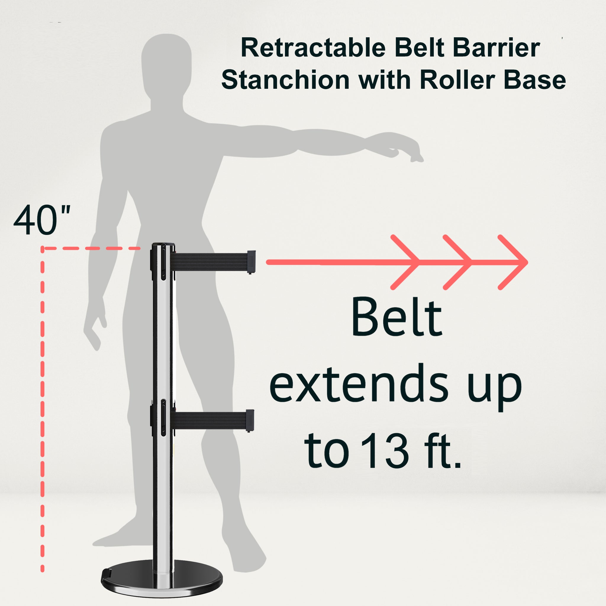Retractable Dual Belt Barrier Stanchion, Rolling Base, Polished Stainless Steel Post, 13 ft Belt - Montour Line ME630D - Crowd Control Warehouse