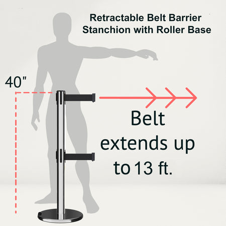 Retractable Dual Belt Barrier Stanchion, Rolling Base, Polished Stainless Steel Post, 13 ft Belt - Montour Line ME630D - Crowd Control Warehouse