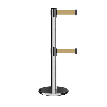 Retractable Dual Belt Barrier Stanchion, Rolling Base, Polished Stainless Steel Post, 13 ft Belt - Montour Line ME630D - Crowd Control Warehouse