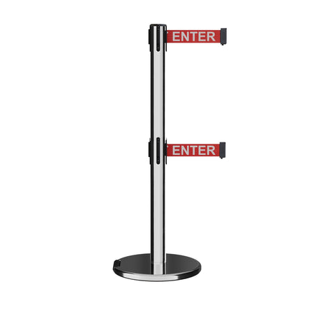 Retractable Dual Belt Barrier Stanchion, Rolling Base, Polished Stainless Steel Post, 13 ft Belt - Montour Line ME630D - Crowd Control Warehouse