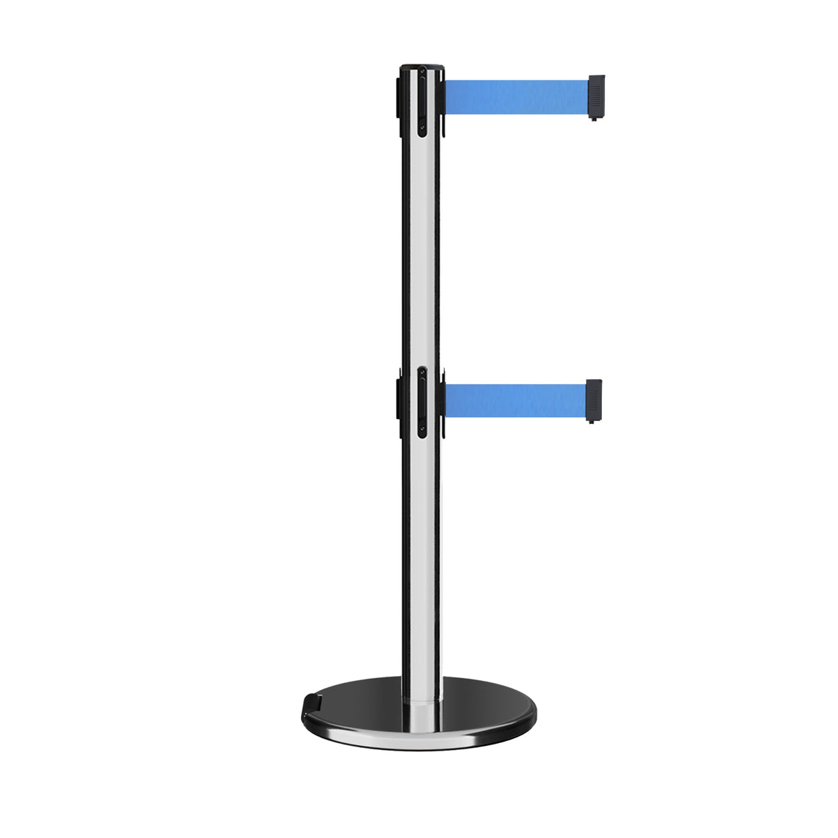 Retractable Dual Belt Barrier Stanchion, Rolling Base, Polished Stainless Steel Post, 13 ft Belt - Montour Line ME630D - Crowd Control Warehouse