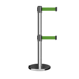 Retractable Dual Belt Barrier Stanchion, Rolling Base, Polished Stainless Steel Post, 13 ft Belt - Montour Line ME630D - Crowd Control Warehouse